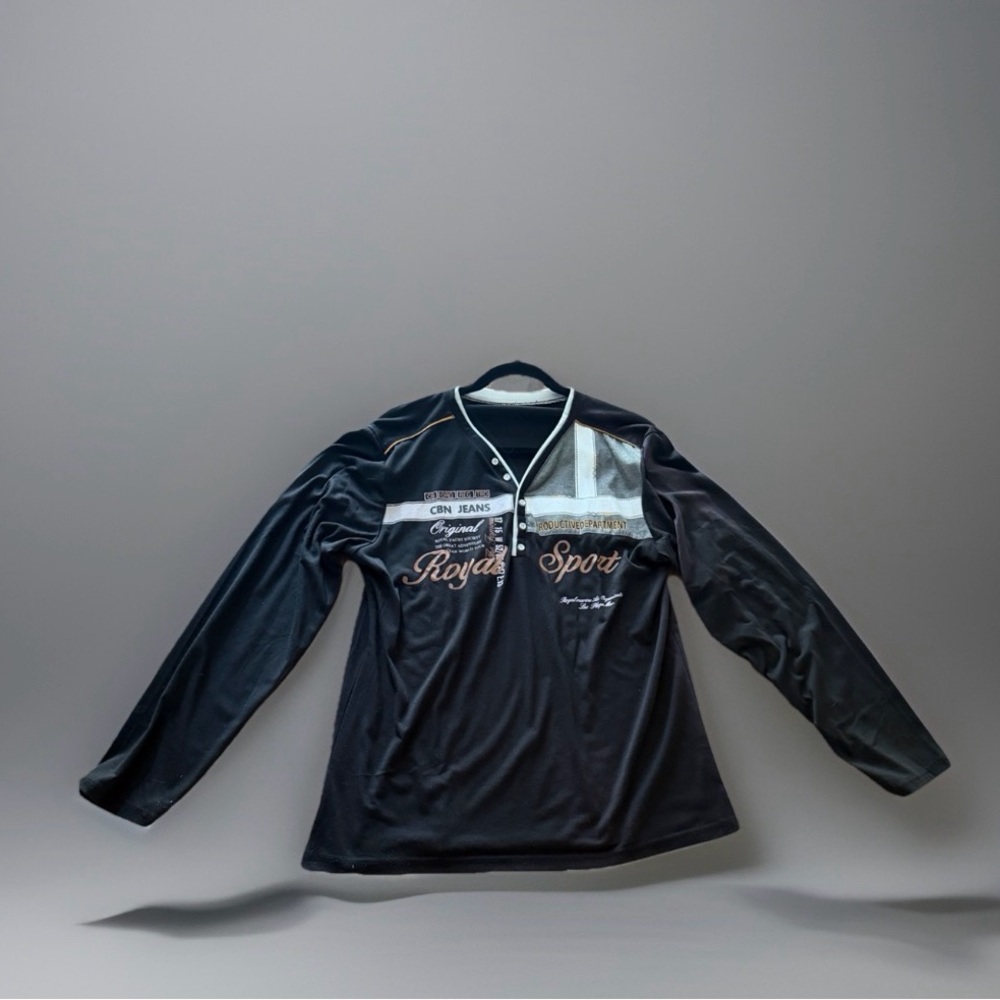 Y2K Graphic Henley Blokecore Shirt Black  Sport Streetwear Long Sleeve Mens